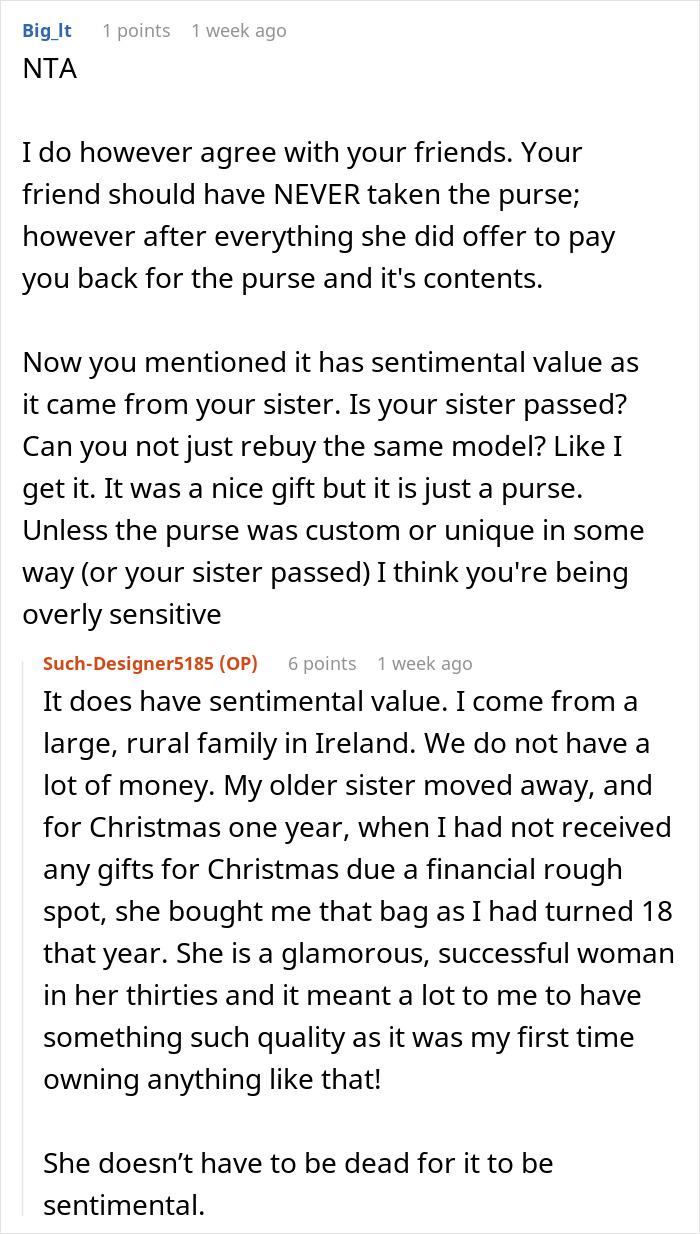 Comments discussing a woman ending a 15-year friendship after a purse incident involving sentimental value and repayment offers.