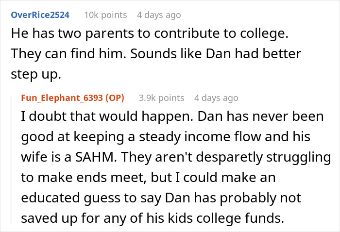 Reddit user discusses man denying stepson&rsquo;s pleas to contribute to his college fund amid family financial struggles.