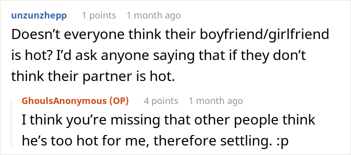 Screenshot of a Reddit conversation about a woman feeling devastated after friends say her model boyfriend is out of her league.