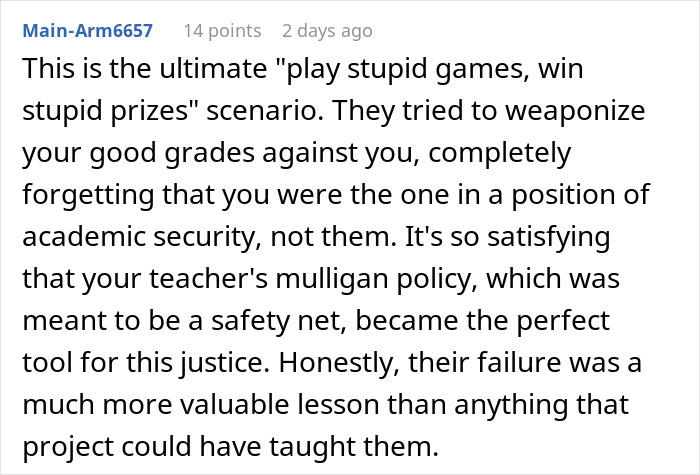 Screenshot of a comment discussing group project fails caused by lazy teammates relying on the smart one to do everything.