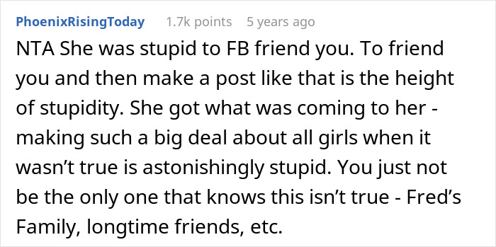 Online comment criticizing mom bragging about no boys, highlighting husband’s abandoned son and family disputes. Online comment criticizing mom bragging about no boys, highlighting husband’s abandoned son and family disputes.