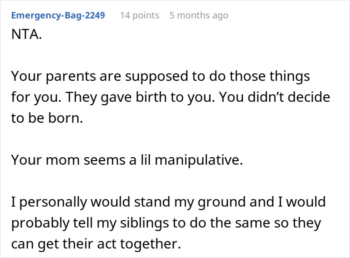 Screenshot of a forum comment discussing a mom retirement plan, calling a mom manipulative and advising to stand ground.