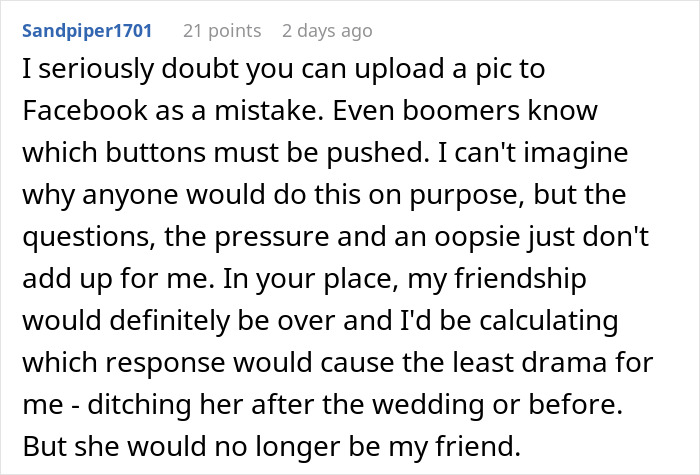 Text message thread discussing a bride stuck between loyalty and trust after bridesmaid leaks wedding seating chart.