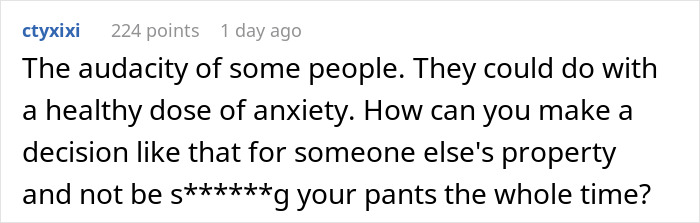 Text comment criticizing someone for cutting down trees without permission, highlighting neighbor disputes and white oak tree damage issues.