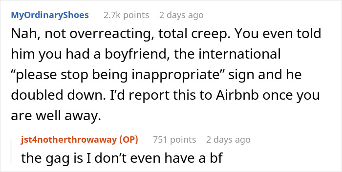 Reddit conversation showing a woman worried about creepy Airbnb host texts and advice to report inappropriate behavior.