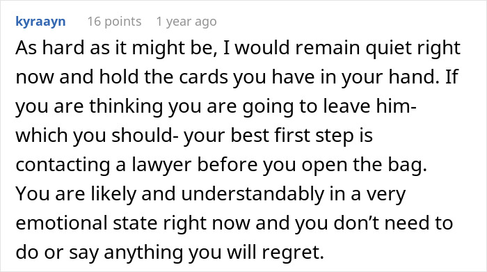 Comment advising to stay quiet and consult a lawyer after a woman finds out about husband&rsquo;s affair baby while setting up WIC profile.