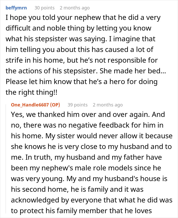 Text conversation about family dynamics involving a brother, nephew, and daughter in a complex family drama situation.