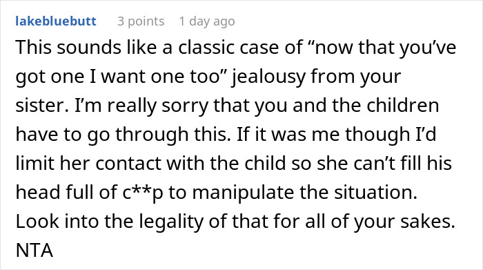 Screenshot of a Reddit comment discussing a mother wanting her baby back after giving the child up eight years ago.