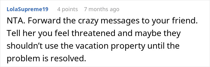 Screenshot of a social media comment advising a woman to address harassment before allowing use of a vacation property.