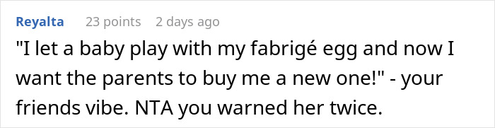 Screenshot of a comment about a woman refusing to pay &pound;2,300 after baby breaks friend&rsquo;s iPhone and Gucci sunglasses.