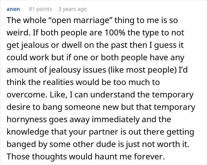 Comment discussing challenges and jealousy issues in open marriage relationships with partners seeing other people.