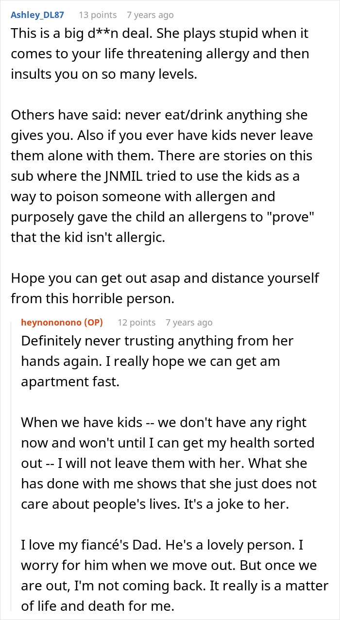 Reddit conversation about anaphylactic shock caused by mother-in-law showing zero remorse in a life-threatening allergy case.