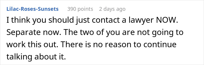 Comment on a forum urging separation amid a husband&rsquo;s plastic surgery ultimatum in a tense marital dispute.