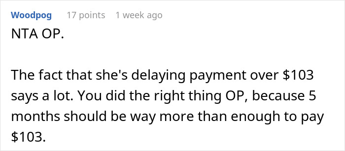 Screenshot of a forum comment discussing a woman refusing to wait longer for a friend who won’t pay her back. Screenshot of a forum comment discussing a woman refusing to wait longer for a friend who won’t pay her back.
