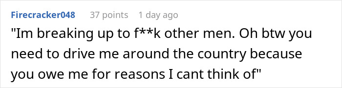 Alt text:
Text post showing a breakup message where an entitled lady manipulates her boyfriend and demands free rides.