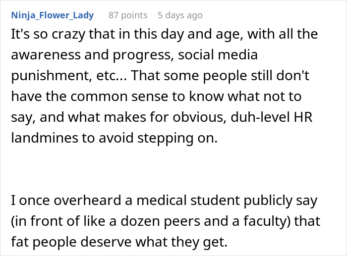 Screenshot of a Reddit comment discussing social media and HR issues related to overweight woman unfit to see clients.