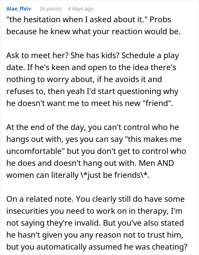 Comment discussing relationship boundaries and trust issues after husband runs with divorced mom, focusing on friendships and insecurities.