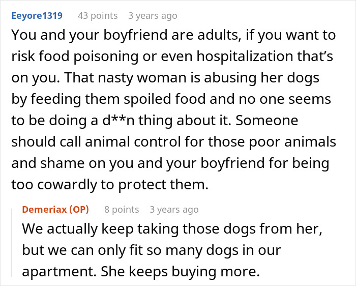 Alt text: Reddit comments discussing cheap MIL feeding spoiled food and bullying son and girlfriend to eat it, sparking outrage.