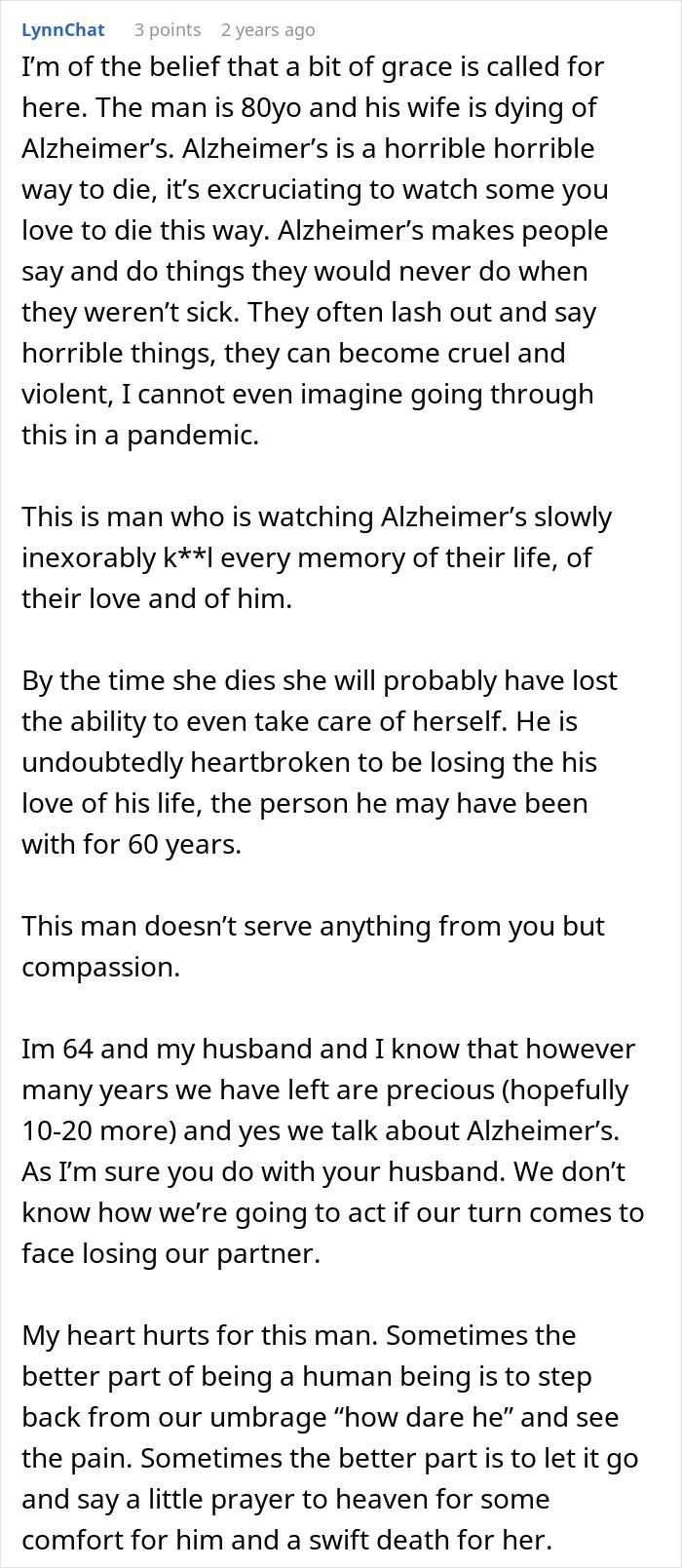 Text excerpt discussing Alzheimer&rsquo;s impact on an elderly couple, reflecting on compassion and caregiving challenges.