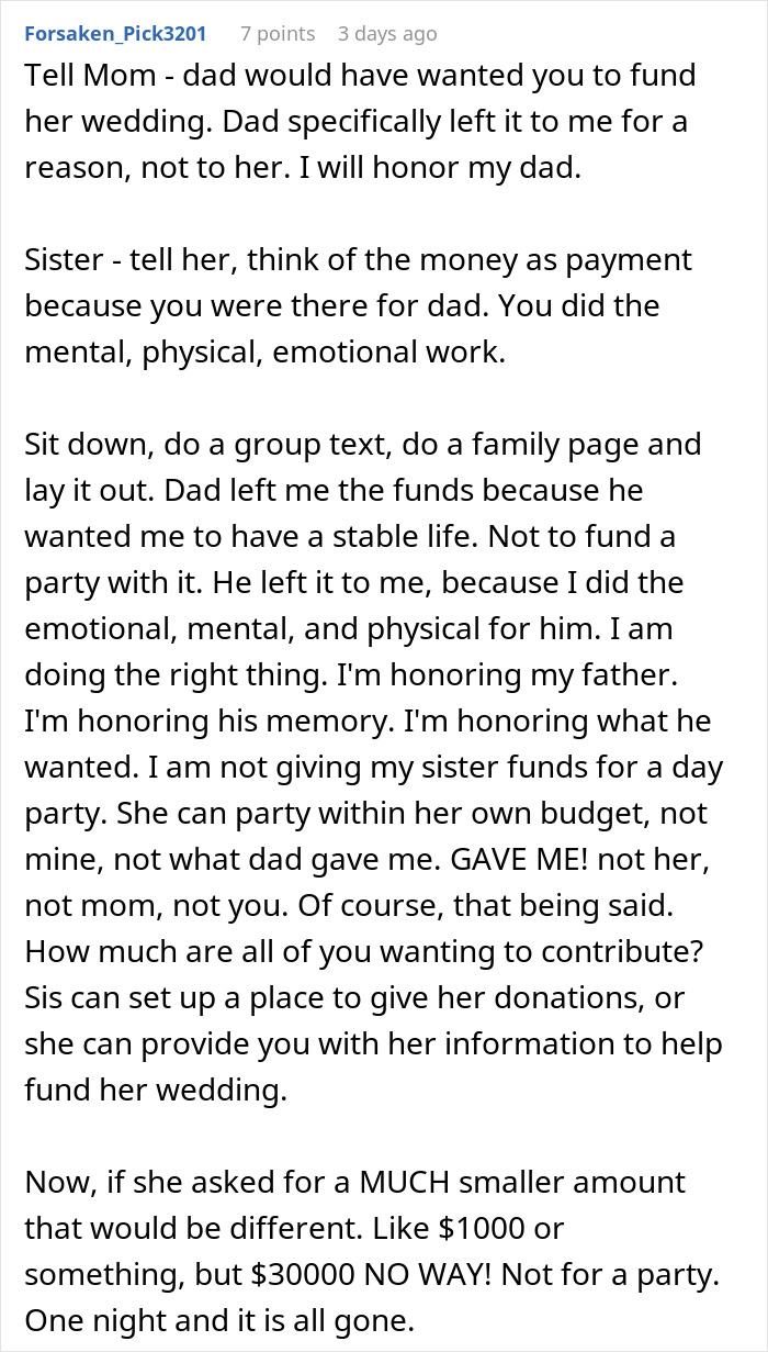 Text from a social media post discussing a woman uninviting her sister from her wedding over a $30K gift dispute.