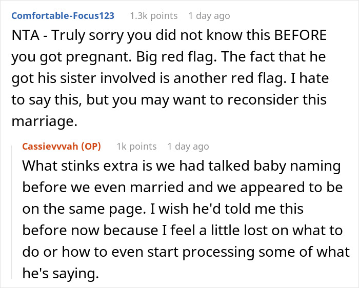 Screenshot of a relationship forum discussing a man wanting to name his baby after his first girlfriend, upsetting his wife. Screenshot of a relationship forum discussing a man wanting to name his baby after his first girlfriend, upsetting his wife.
