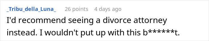 Screenshot of a comment recommending seeing a divorce attorney after a wife&rsquo;s reaction to husband attending sister&rsquo;s baby shower.