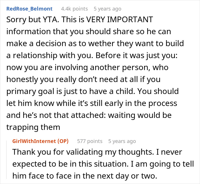 Reddit user advises sharing artificial insemination plans early in dating to build honest relationships and avoid trapping partners.