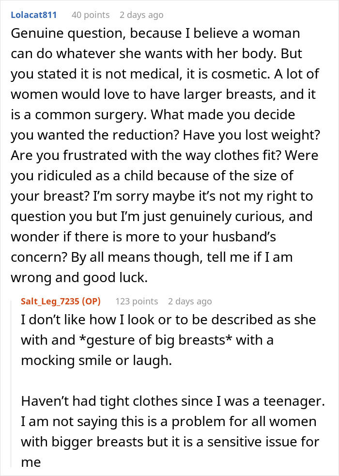 Screenshot of online discussion about husband giving wife an ultimatum over plastic surgery and considering a husband reduction.