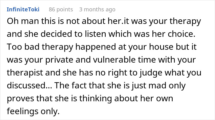 Comment discussing woman eavesdropping on boyfriend’s private therapy session and her anger at what she hears. Comment discussing woman eavesdropping on boyfriend’s private therapy session and her anger at what she hears.
