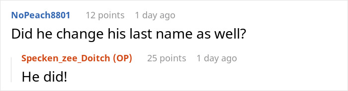 Screenshot of a Reddit conversation about a guy discovering his ex-wife and her new husband legally changed their name to his full name.