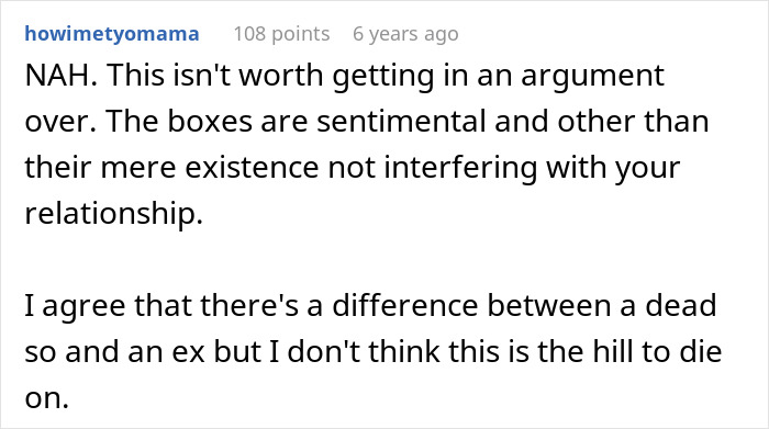 Reddit user shares opinion on wife wanting man to toss ex-GF&rsquo;s memory box but keep late ex-BF&rsquo;s, highlighting hypocrisy debate.