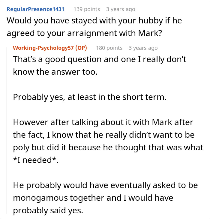 Screenshot of an online discussion about a guy coming out as poly and the impact on his open marriage agreement.