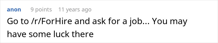 Screenshot of a Reddit comment suggesting to visit r/ForHire for job opportunities related to mother poisoned me story.