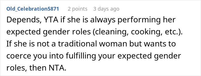 Comment discussing expected gender roles and responsibility in a husband and wife financial disagreement about honeymoon costs.