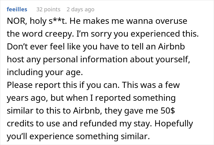 Woman worried about creepy Airbnb host texts, reading messages on her phone in a dimly lit room.