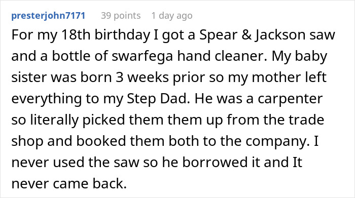 Teen disappointed and deeply hurt by parents' gift for her 18th birthday, feeling unappreciated and neglected.