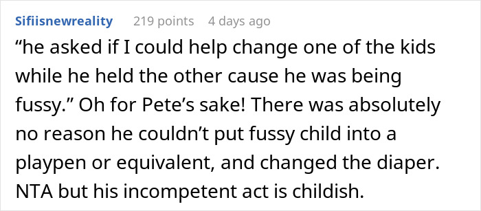 Comment discussing a husband struggling to watch kids for 30 minutes while wife cooks, highlighting childcare challenges. Comment discussing a husband struggling to watch kids for 30 minutes while wife cooks, highlighting childcare challenges.