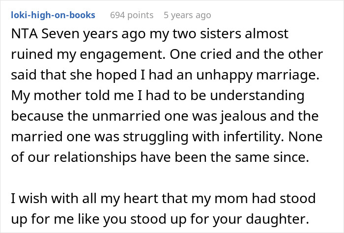 Comment about single sister struggling with sibling's engagement and family jealousy causing tension.