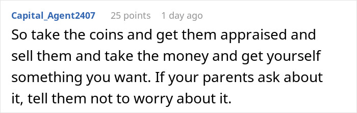 Screenshot of a forum comment advising how to handle disappointment with parents' gift, related to teen hurt and birthday gift issues.