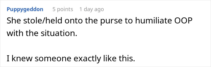 Comment about a woman ending a 15-year friendship after a purse fiasco shared on an online forum.