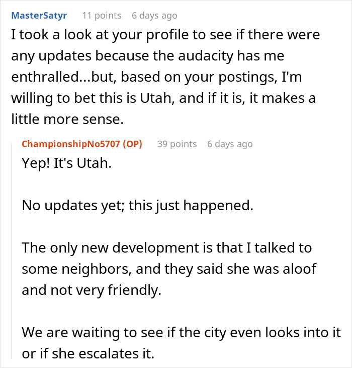 Screenshot of an online discussion about a neighbor upset over a nanny parking in front of a home in Utah.