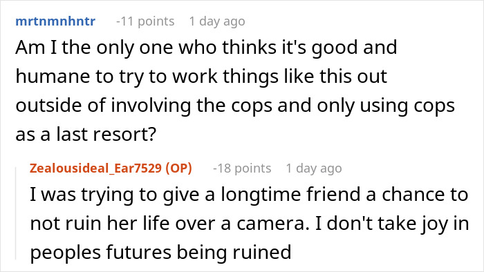 Reddit conversation about a man confronting a friend for stealing his boyfriend&rsquo;s camera and discovering her true colors.