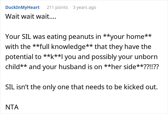 Text post expressing shock over sister-in-law eating peanuts at home despite allergy, with husband siding with sister. Text post expressing shock over sister-in-law eating peanuts at home despite allergy, with husband siding with sister.