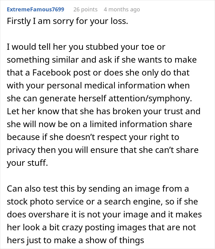 Comment advising on privacy and trust issues after mother-in-law hijacks pregnancy by using personal info on Facebook profile.