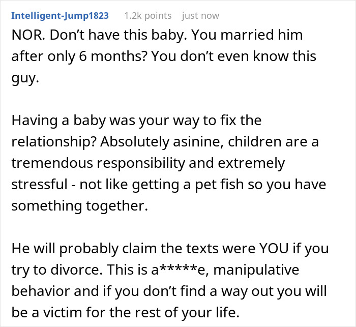 Screenshot of a comment warning about relationship manipulation involving a husband posing as pregnant wife for a loyalty test.