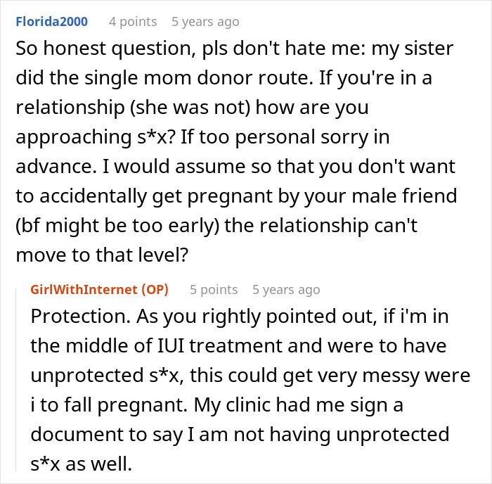 Online discussion about a woman debating hiding artificial insemination plans from her date while wanting to be a mother.