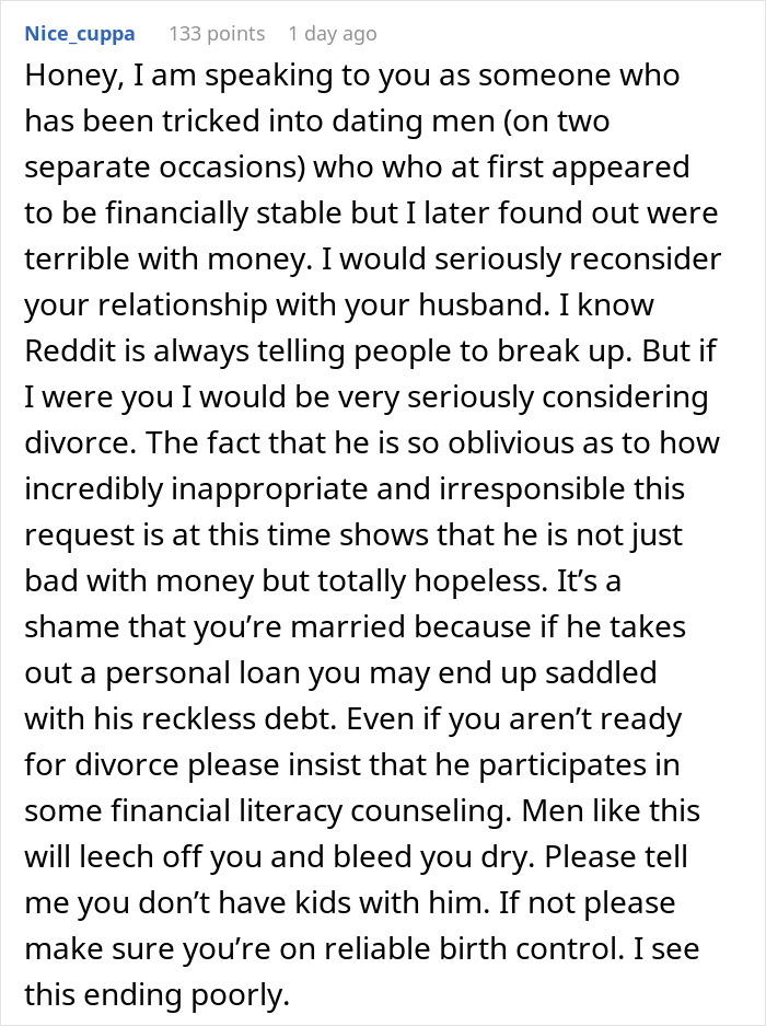 Commenter warns about risks of a dream truck loan and cautions about financial responsibility and inheritance issues.