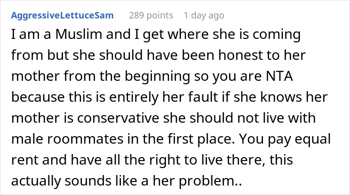 Comment discussing a Muslim roommate's conservative mom causing unfair housing issues over appearances. Comment discussing a Muslim roommate's conservative mom causing unfair housing issues over appearances.