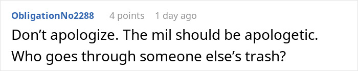 Screenshot of an online comment discussing a mother-in-law banned from visiting after discovering secret digging through trash.