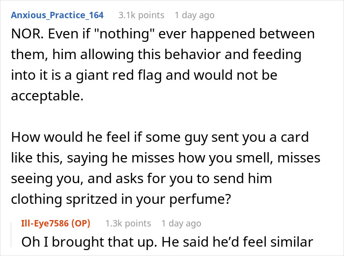 Comment thread discussing concerns about a found another woman Valentine card and its implications in a relationship.